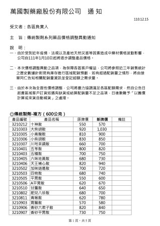 協力廠商公告：萬國-科中藥廠價格調整通知 (2022/01/10起調整)