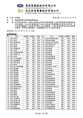 協力廠商公告：萬國-科中藥廠調整價格通知 (2023/11/15起調整)