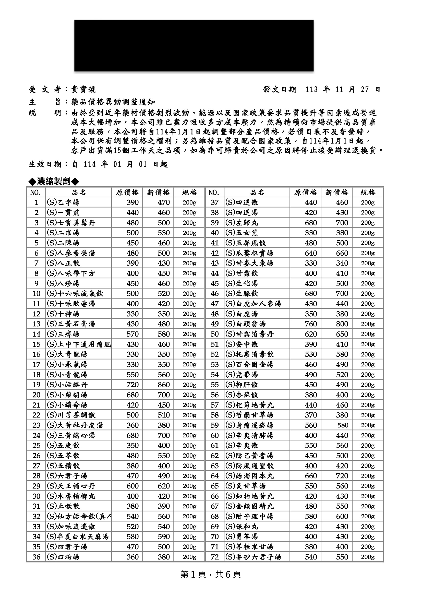 協力廠商公告:XX-科中藥廠調整價格通知 (2025/01/01起調整)